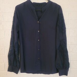 navy blue rose embroidered sleeve button up office blouse